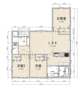 彦根市川瀬モデルハウスの3LDK間取り図。家事動線を意識したL字型プラン、各室収納とパントリーを備えた平屋設計。