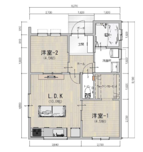 長浜市地蔵モデルハウスの2LDK間取り図。ウォークインクローゼット完備、無駄な廊下を省いた効率的なコンパクト平屋プラン。