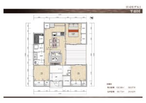 滋賀県長浜市の3LDK平屋の間取り図。広いウッドデッキの中庭、開放感のあるLDK、機能的な家事動線と豊富な収納を備えたプラン。