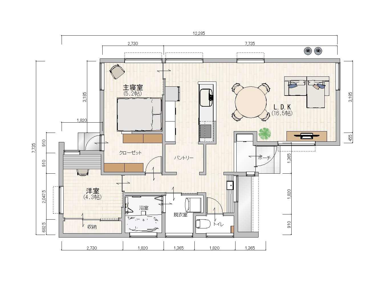 22.2坪に2LDKをまとめた平屋の室内